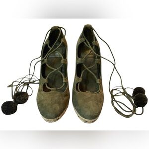 Tory Burch Heather Suede Green Gladiator Lace‎ Espadrille Shoes Size 7 Boho Glam